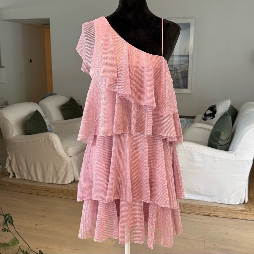 *SOLD* Lovers + Friends Pink Metallic Tiered Ruffle Holiday
Mini Dress